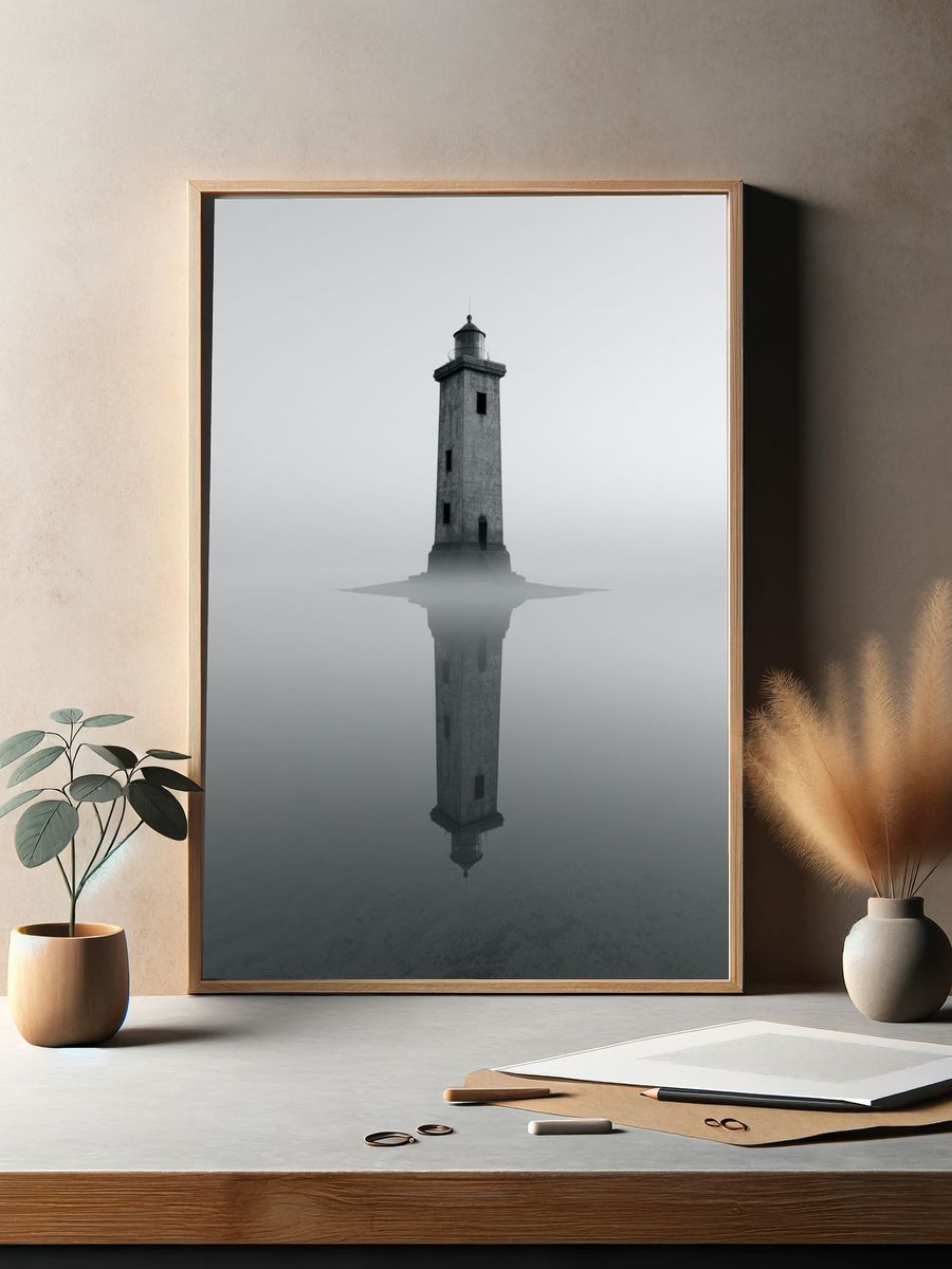 Misty Lighthouse Reflection Print. — room view 2