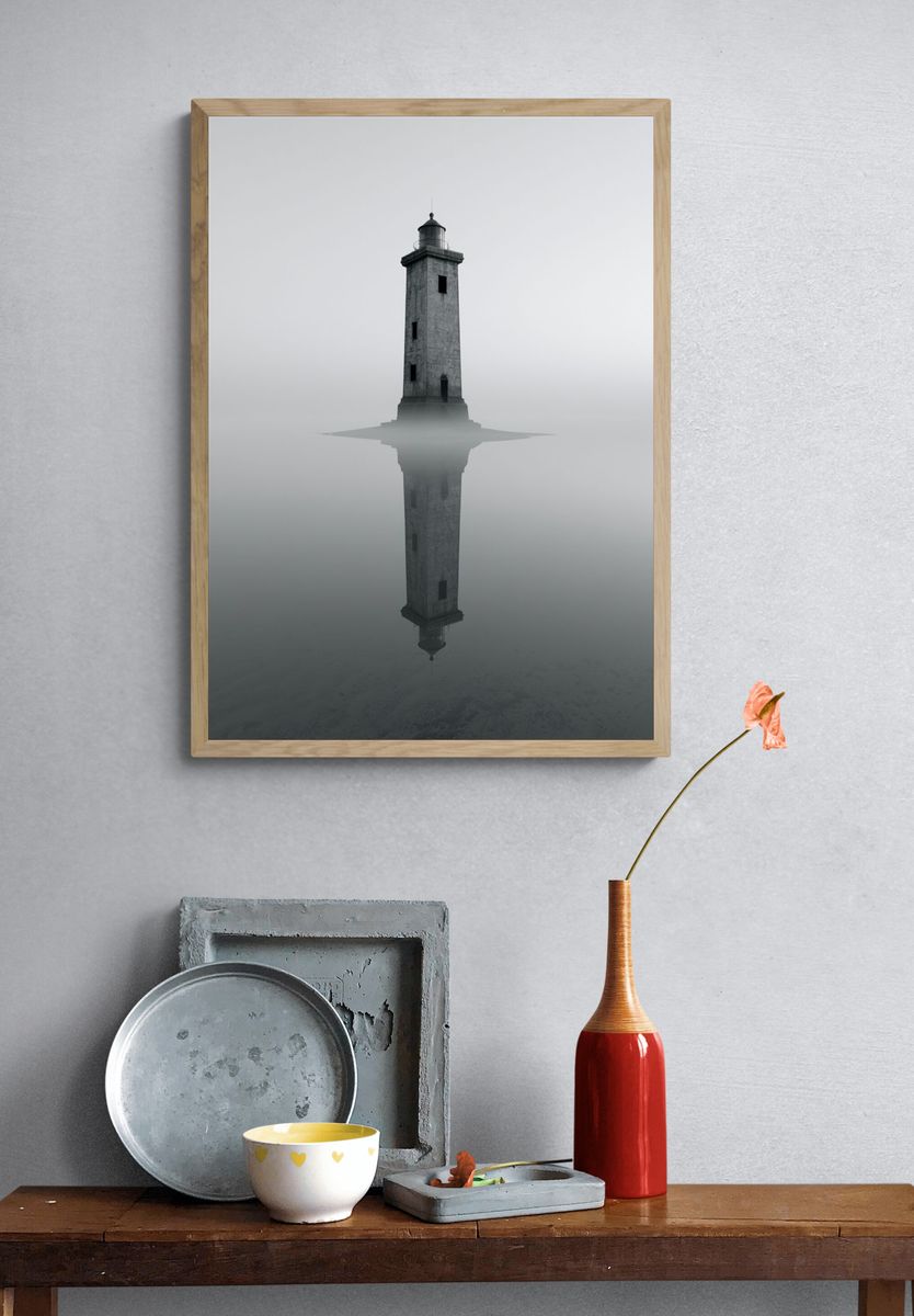 Misty Lighthouse Reflection Print. — room view 3