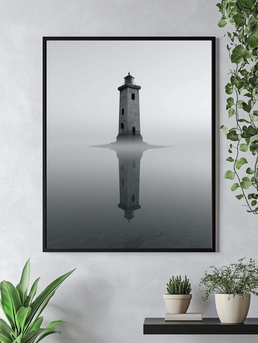 Misty Lighthouse Reflection Print. — room view 4