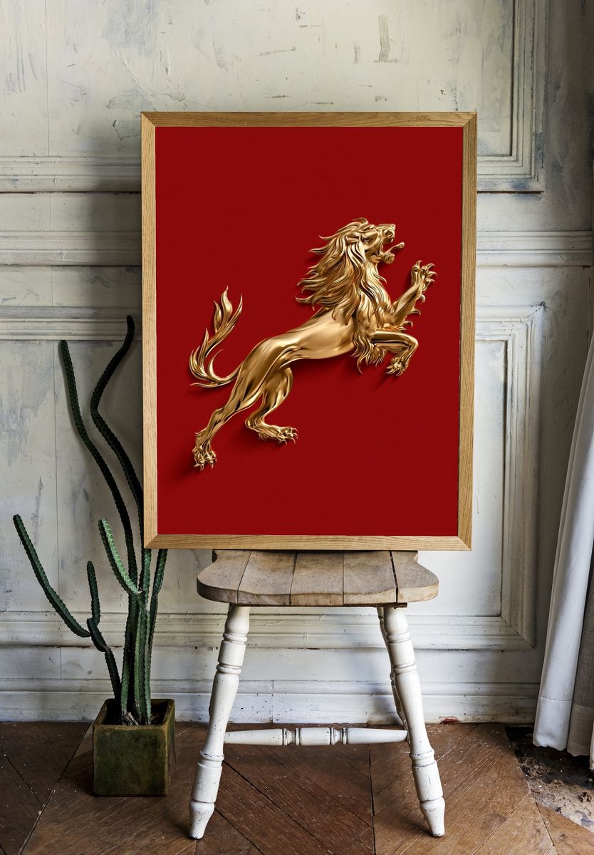 Golden Lion on Red Illustration Poster. room preview