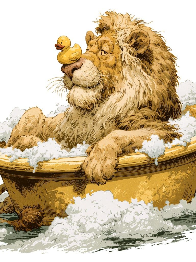 Lion Bath Time Illustration Poster. poster — illustration art