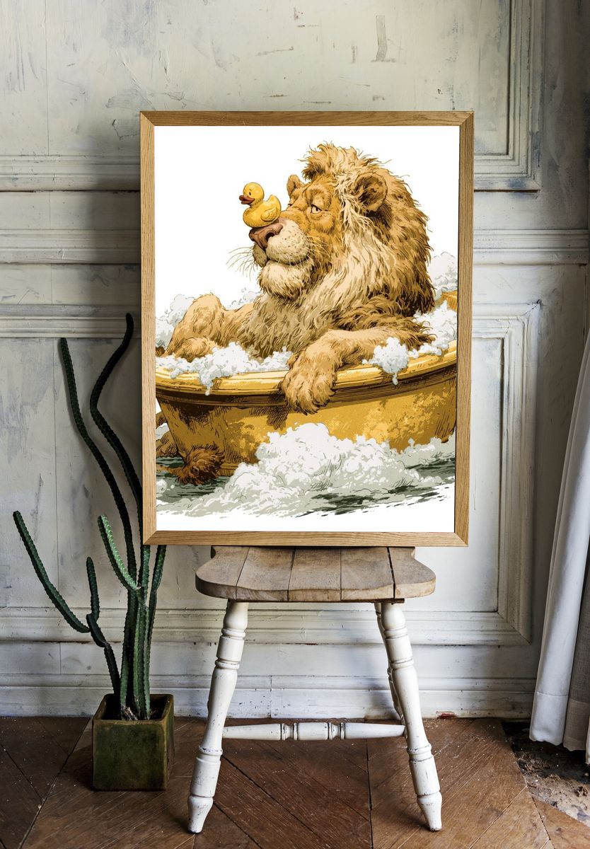 Lion Bath Time Illustration Poster. — room view 1