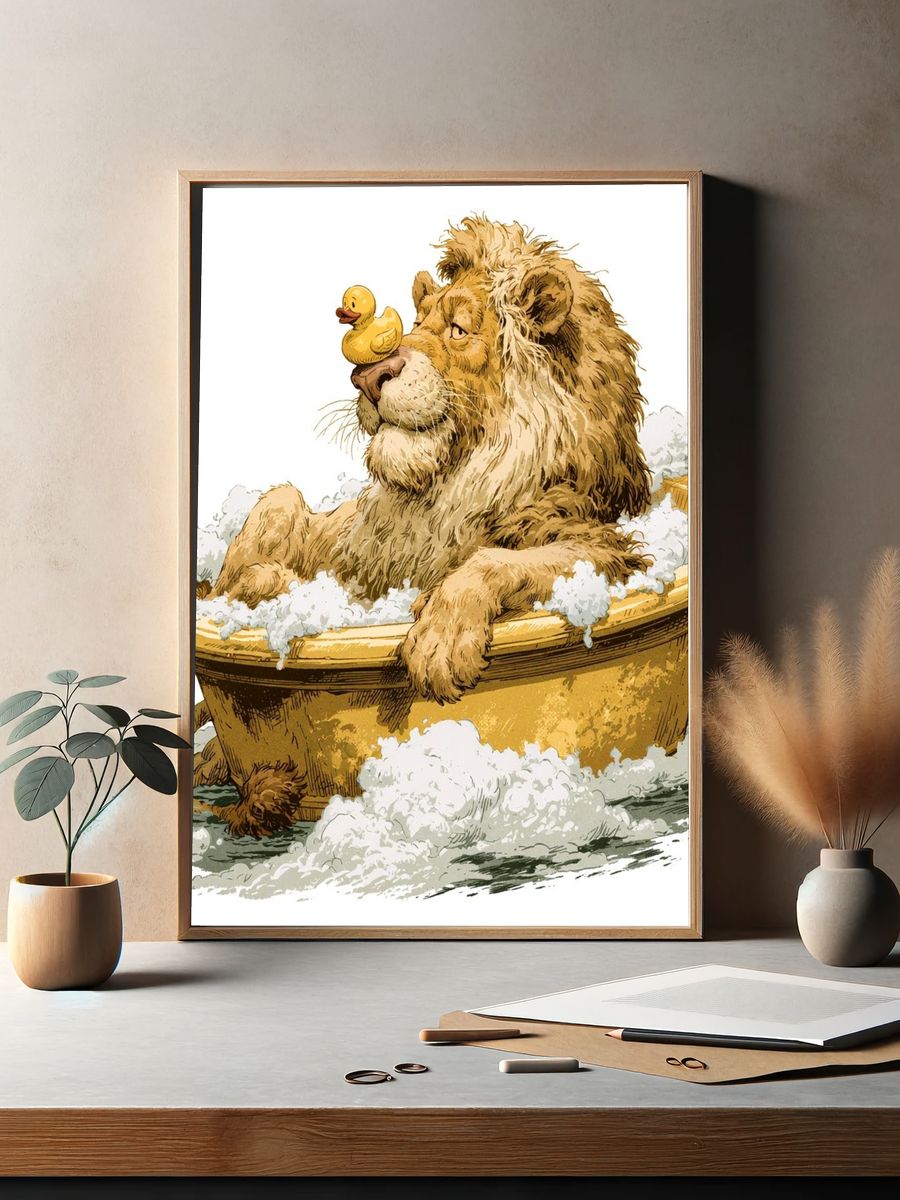 Lion Bath Time Illustration Poster. — room view 2