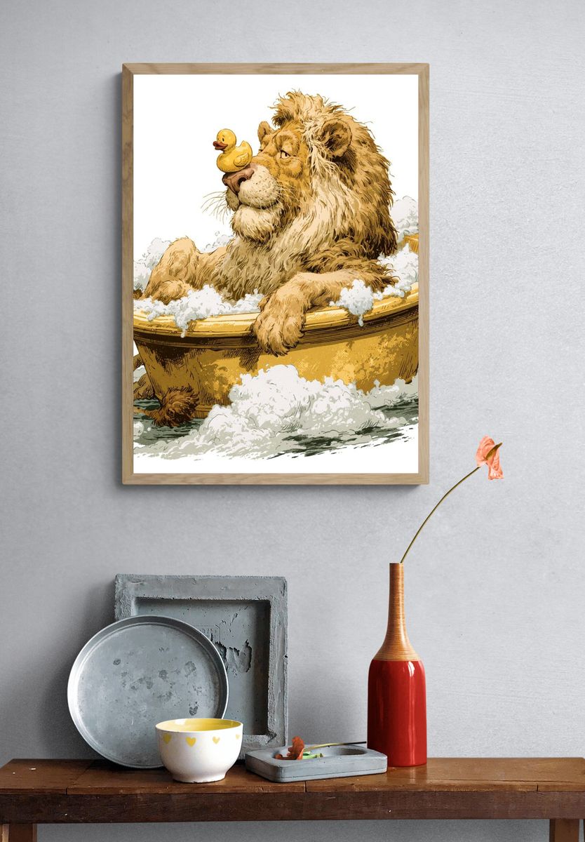 Lion Bath Time Illustration Poster. — room view 3