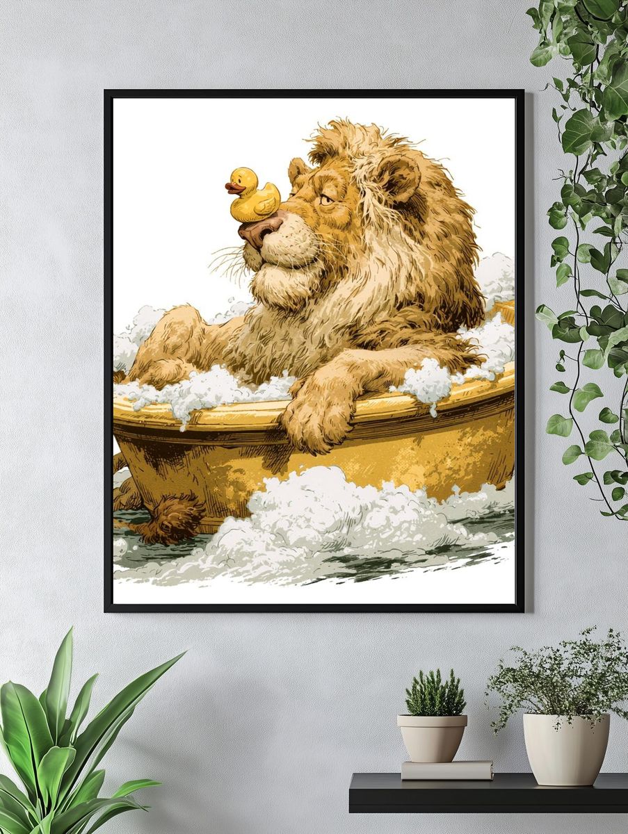 Lion Bath Time Illustration Poster. — room view 4