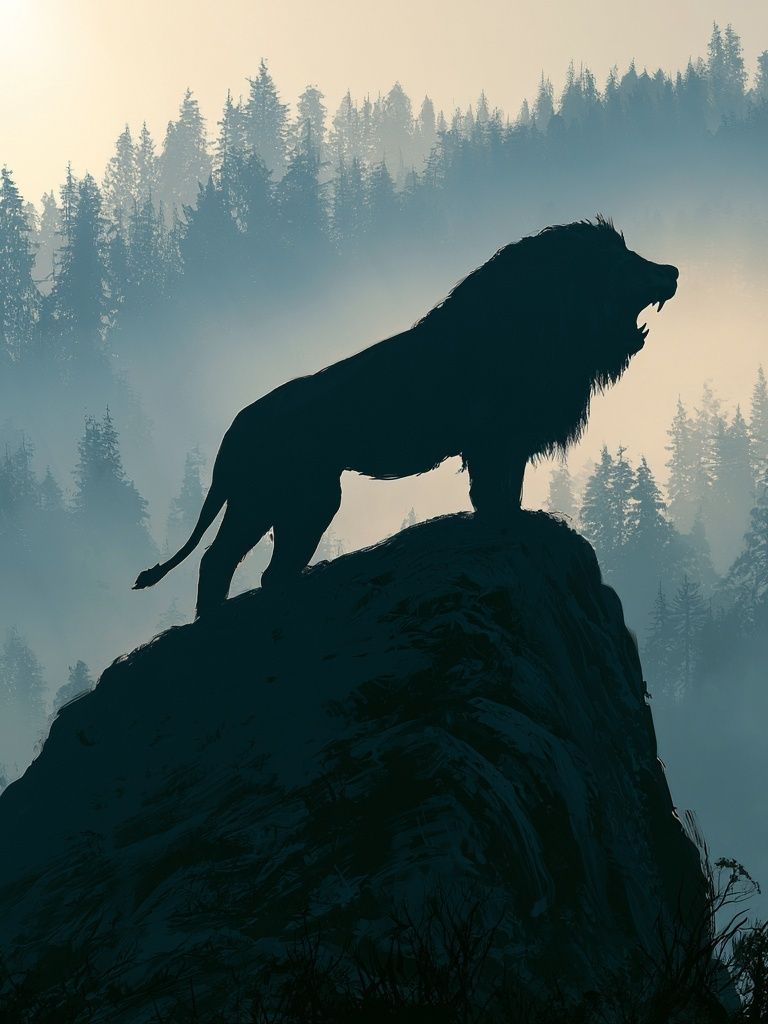 Lion on Cliff Forest Print. poster detail