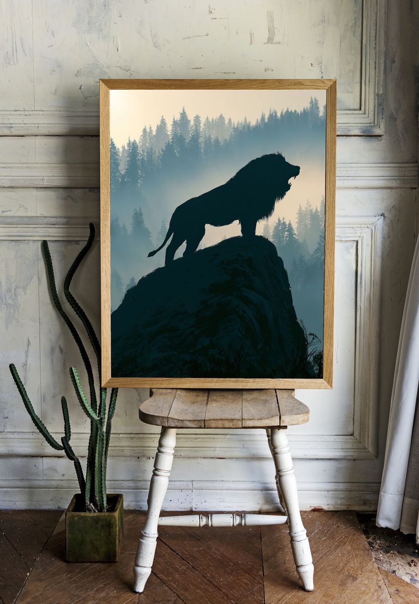 Lion on Cliff Forest Print. room preview