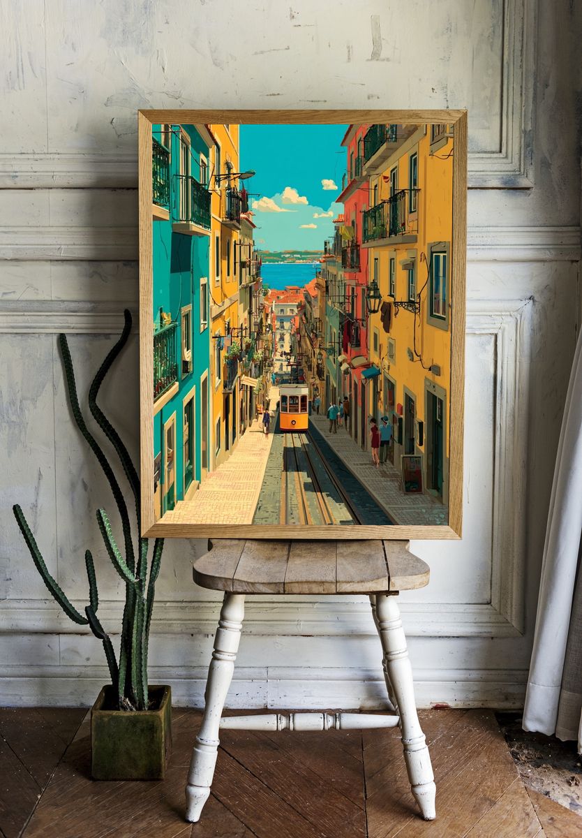 Lisbon Tram Street — Vintage Print. — room view 1