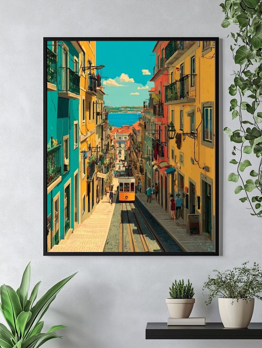 Lisbon Tram Street — Vintage Print. — room view 4