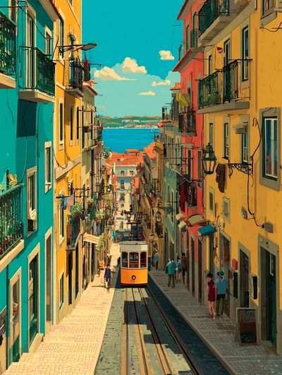 Lisbon Tram Street — Vintage Print