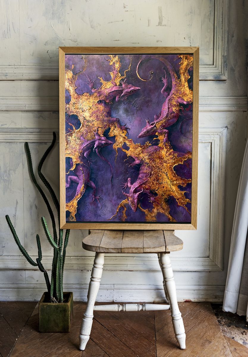 Purple Lizards Abstract Print. room preview