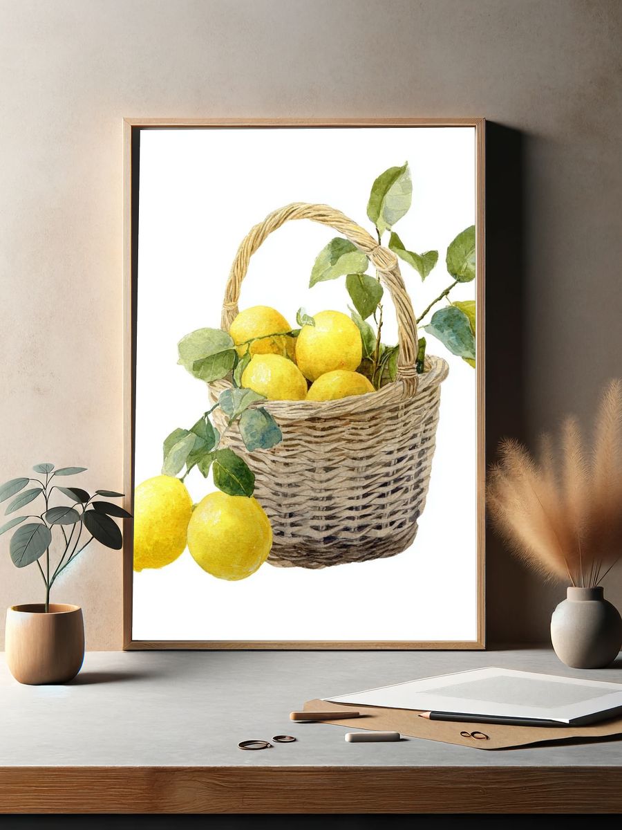 Lemon Basket — Watercolor Print. — room view 2
