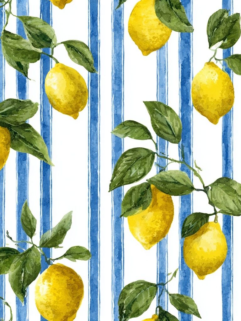 Lemon and Blue Stripes Botanical Poster. poster detail