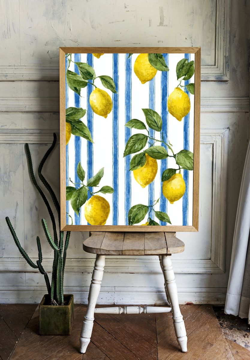 Lemon and Blue Stripes Botanical Poster. — room view 1