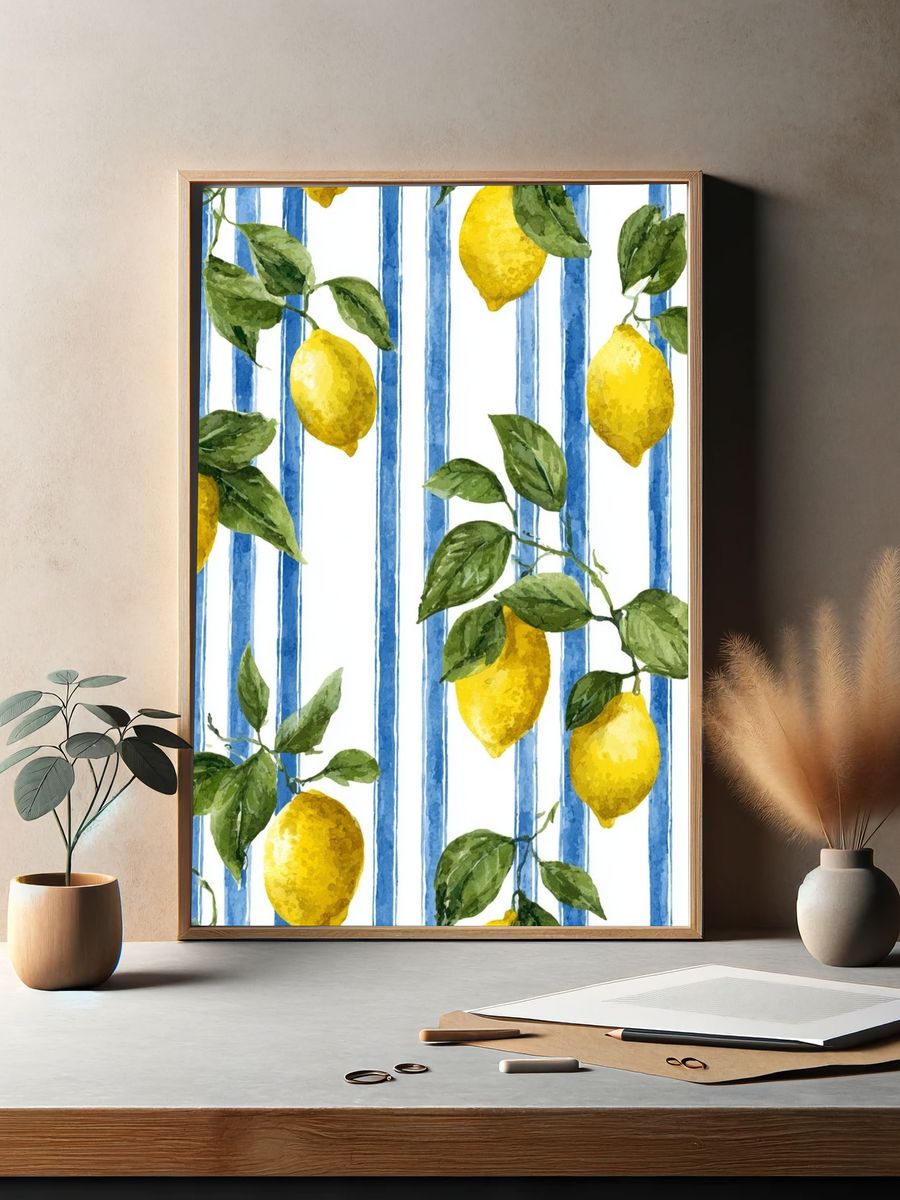 Lemon and Blue Stripes Botanical Poster. — room view 2