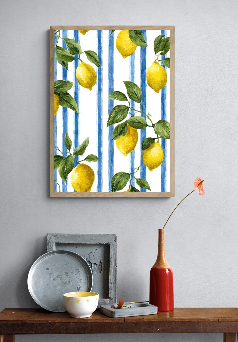 Lemon and Blue Stripes Botanical Poster. — room view 3