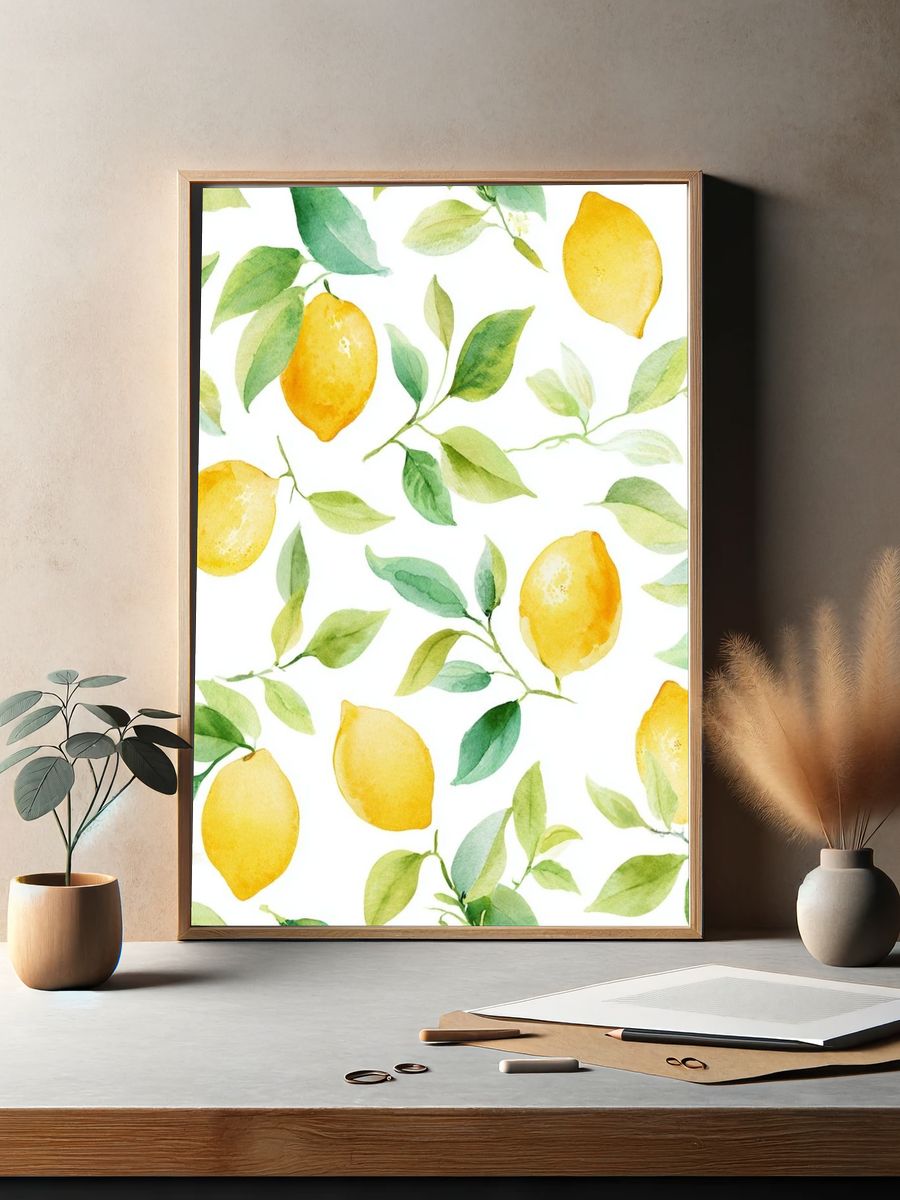 Lemon and Leaf Watercolor Poster. — room view 2