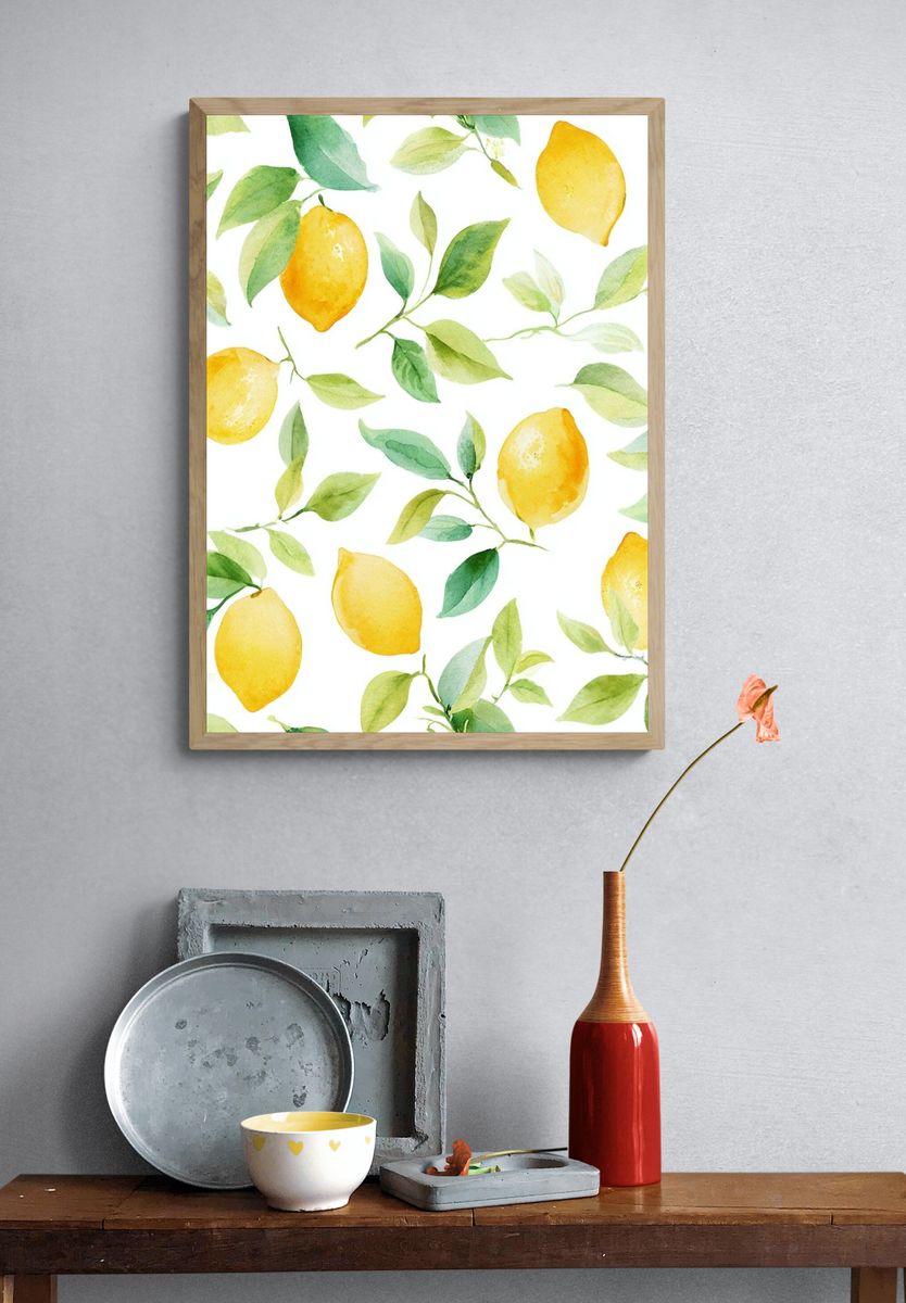 Lemon and Leaf Watercolor Poster. — room view 3