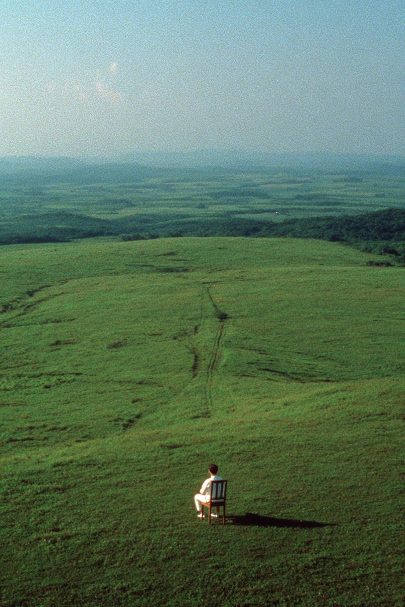 Solitary Figure in Green Hills Poster. poster detail