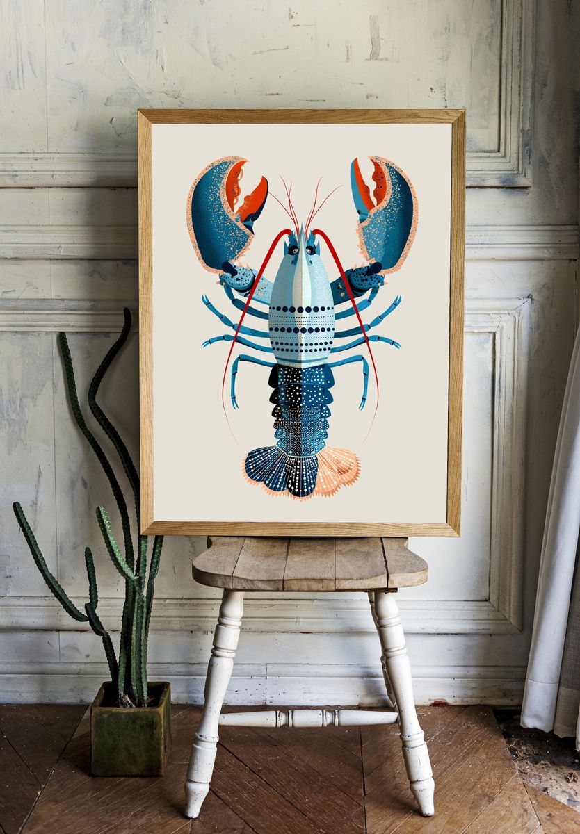 Blue Lobster Illustration Poster. — room view 1