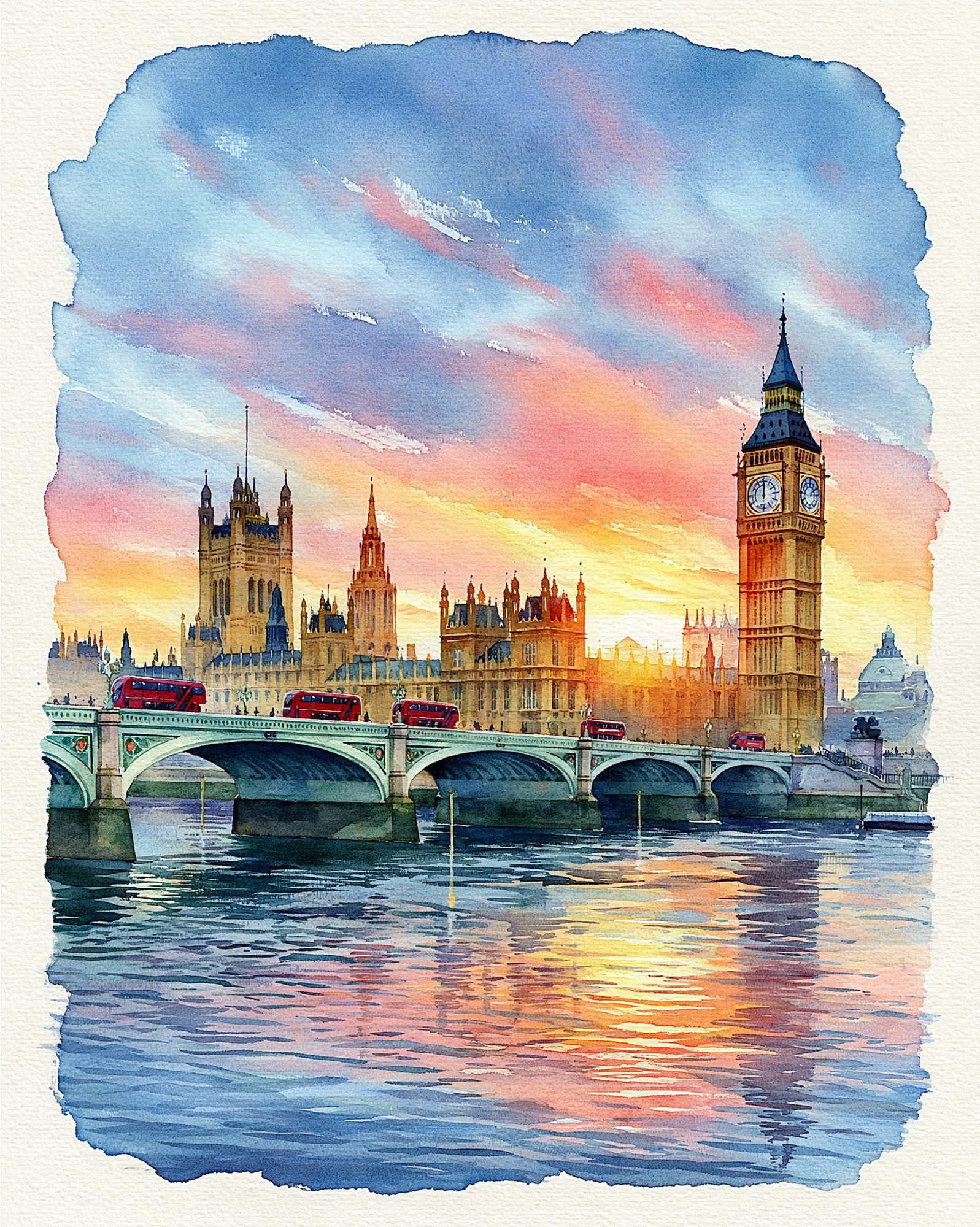 London Sunset Watercolor Print. poster detail