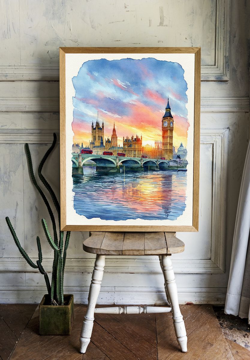 London Sunset Watercolor Print. room preview