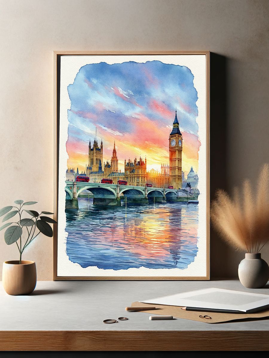 London Sunset Watercolor Print. — room view 2