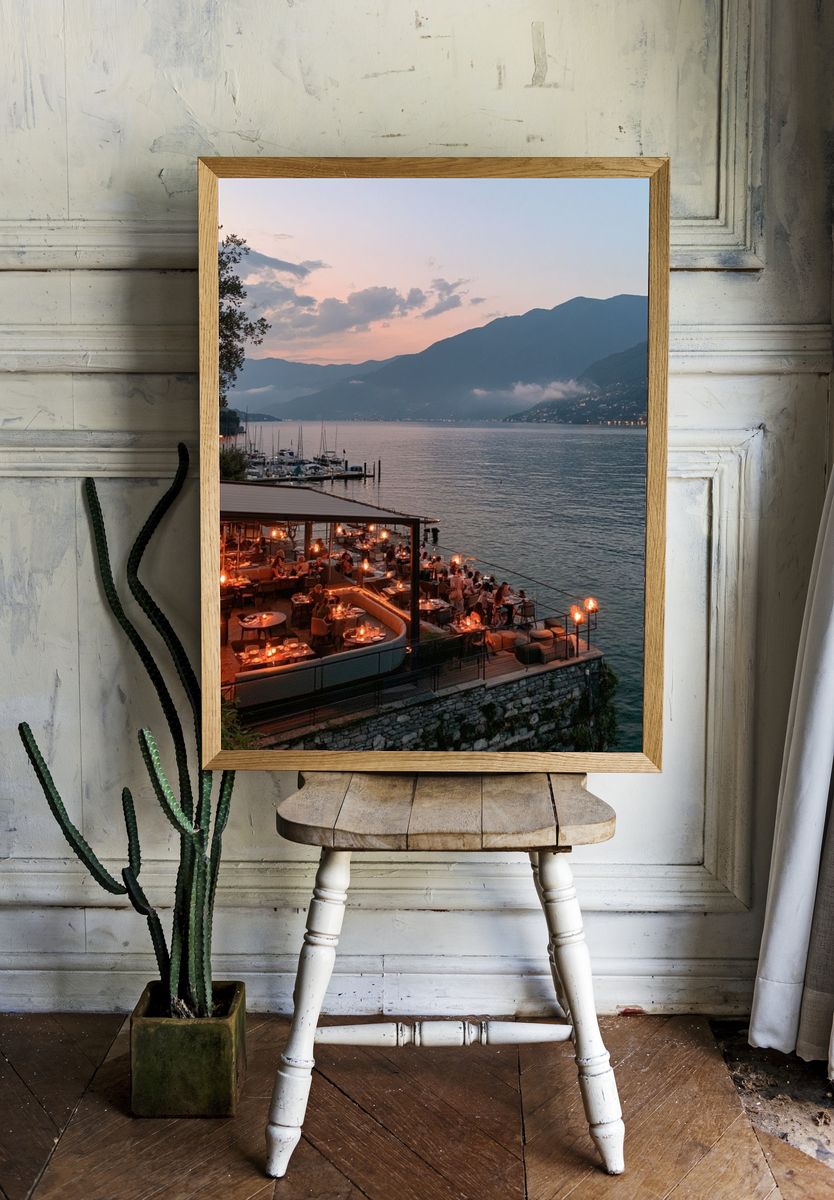 Lakefront Sunset Dining Photography Poster. room preview
