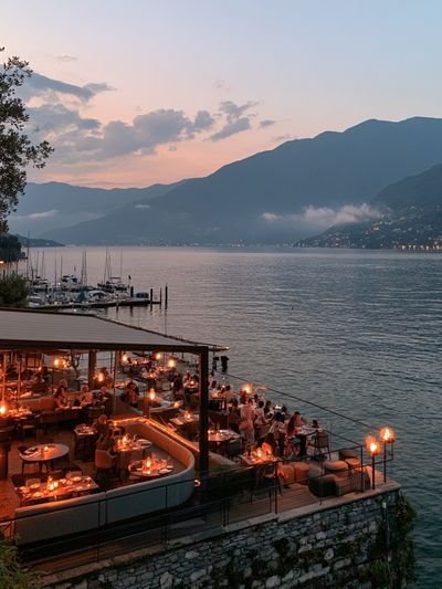 Lakefront Sunset Dining Photography Poster.
