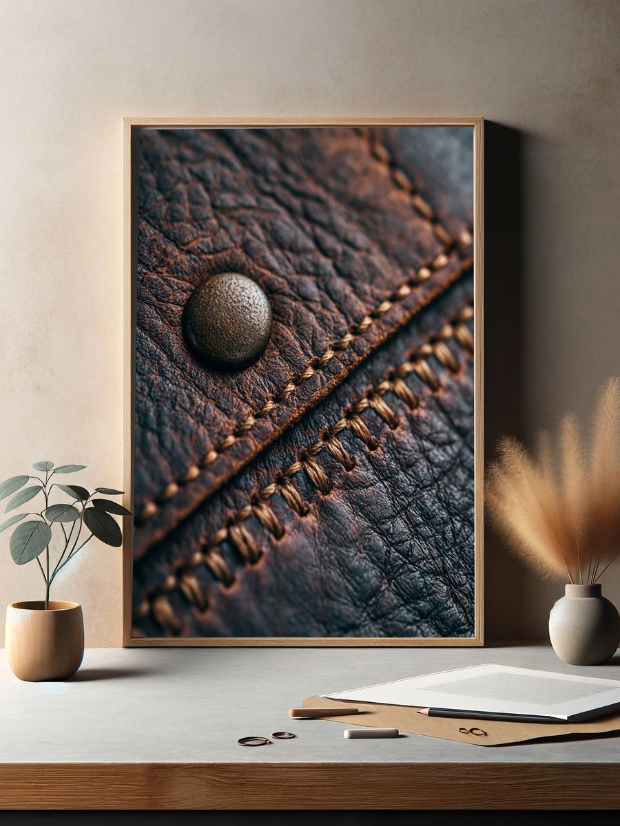 Leather Stitch Macro Photography Poster. — room view 2