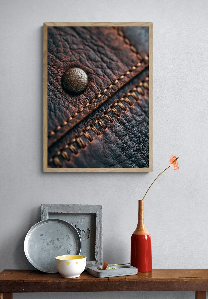 Leather Stitch Macro Photography Poster. — room view 3