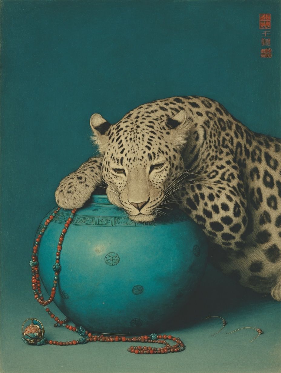 Leopard with Turquoise Pot — Fine Art Print. poster detail