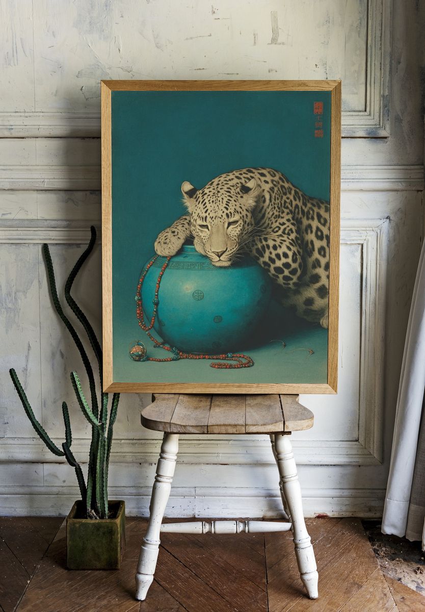 Leopard with Turquoise Pot — Fine Art Print. — room view 1