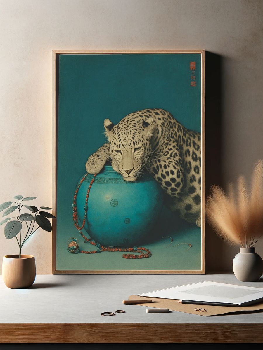 Leopard with Turquoise Pot — Fine Art Print. — room view 2