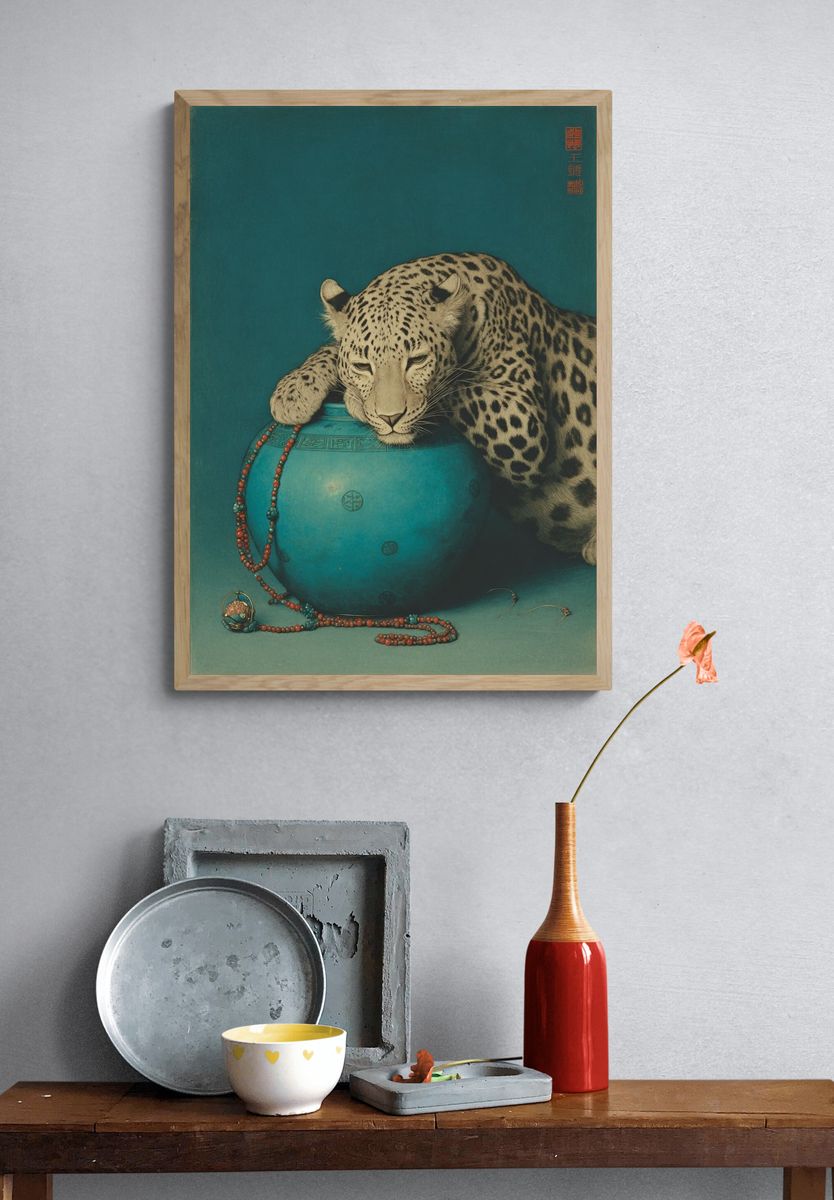 Leopard with Turquoise Pot — Fine Art Print. — room view 3