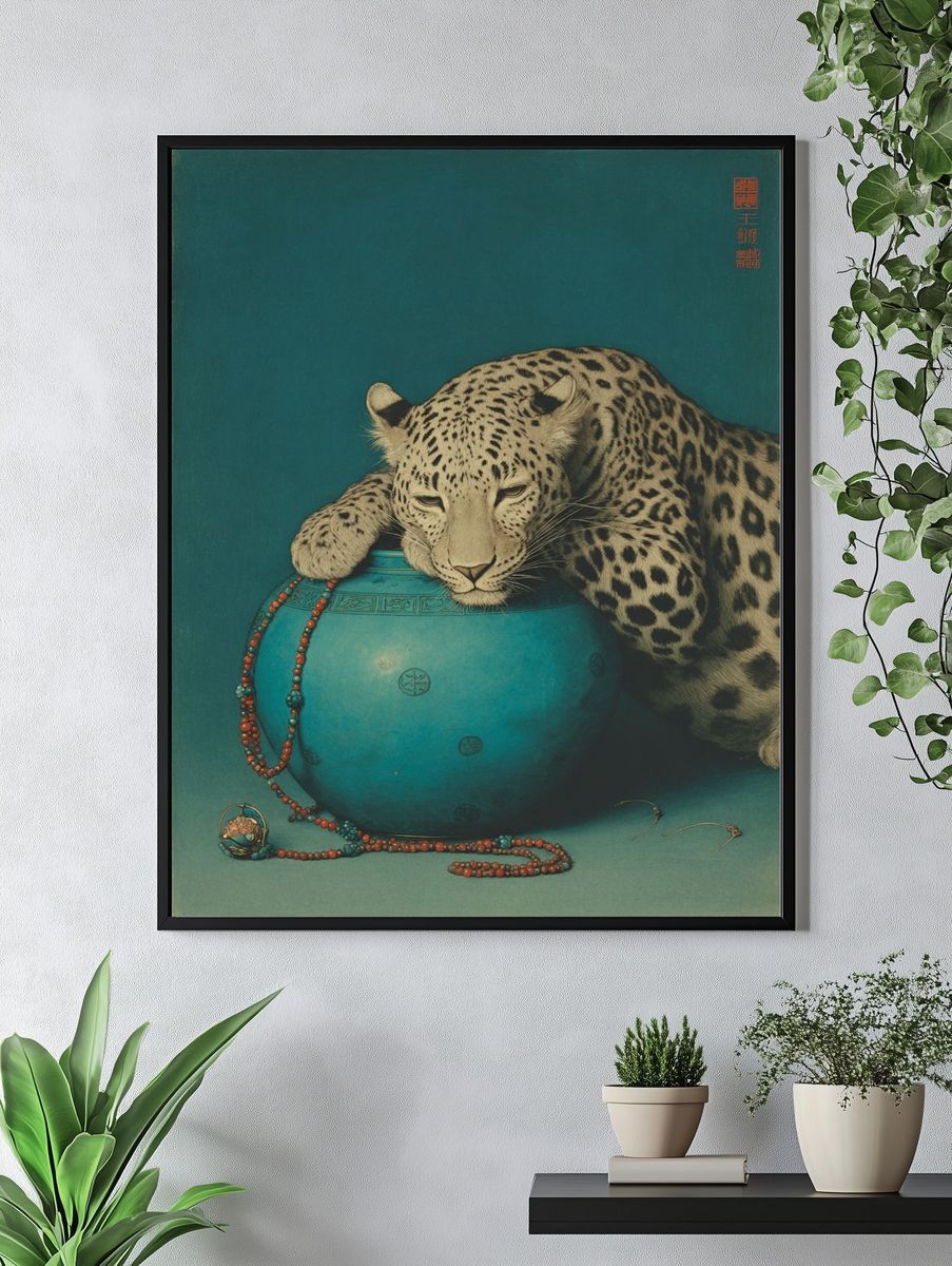 Leopard with Turquoise Pot — Fine Art Print. — room view 4
