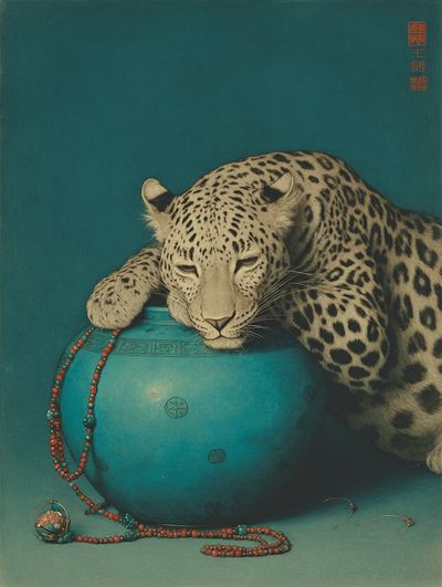 Leopard with Turquoise Pot — Fine Art Print. poster