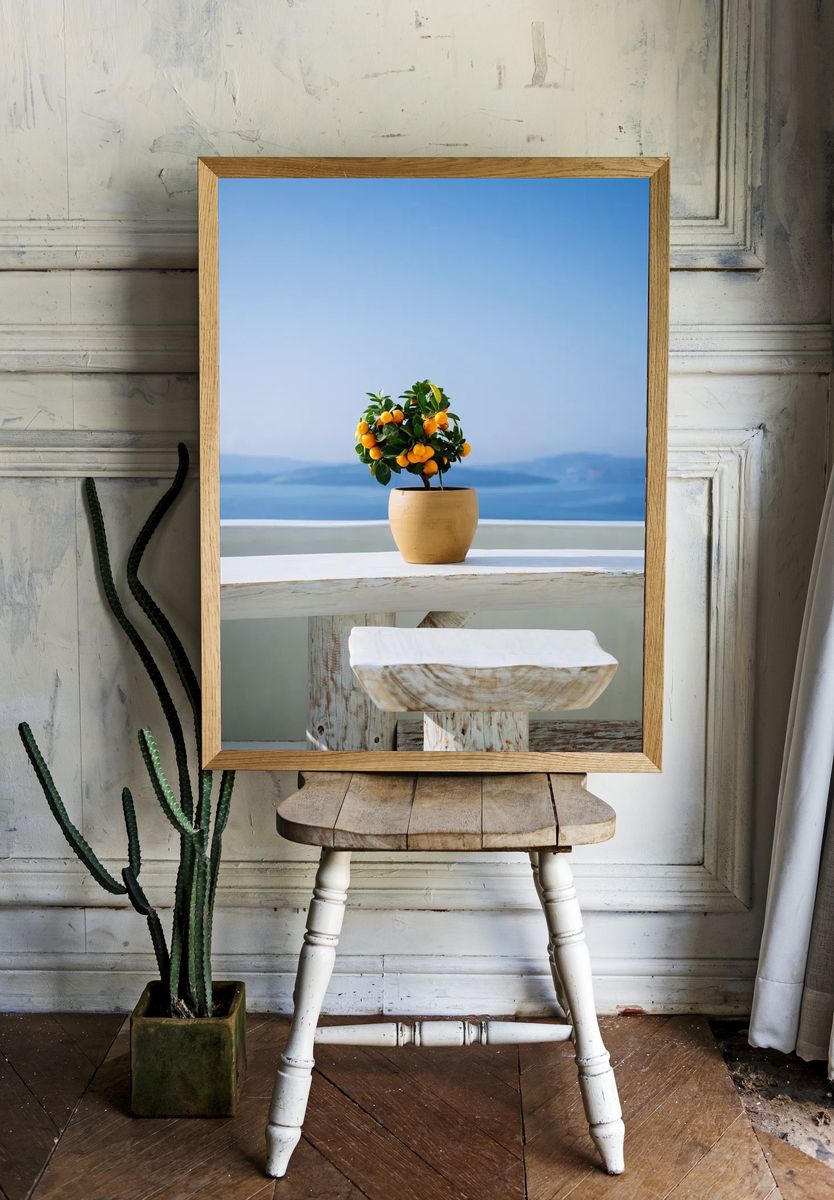 Orange tree view mountains Santorini. room preview