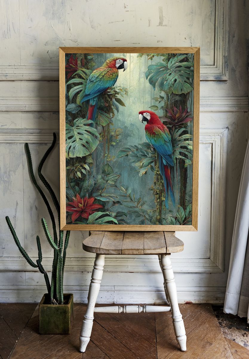Tropical Macaws Botanical Print. — room view 1