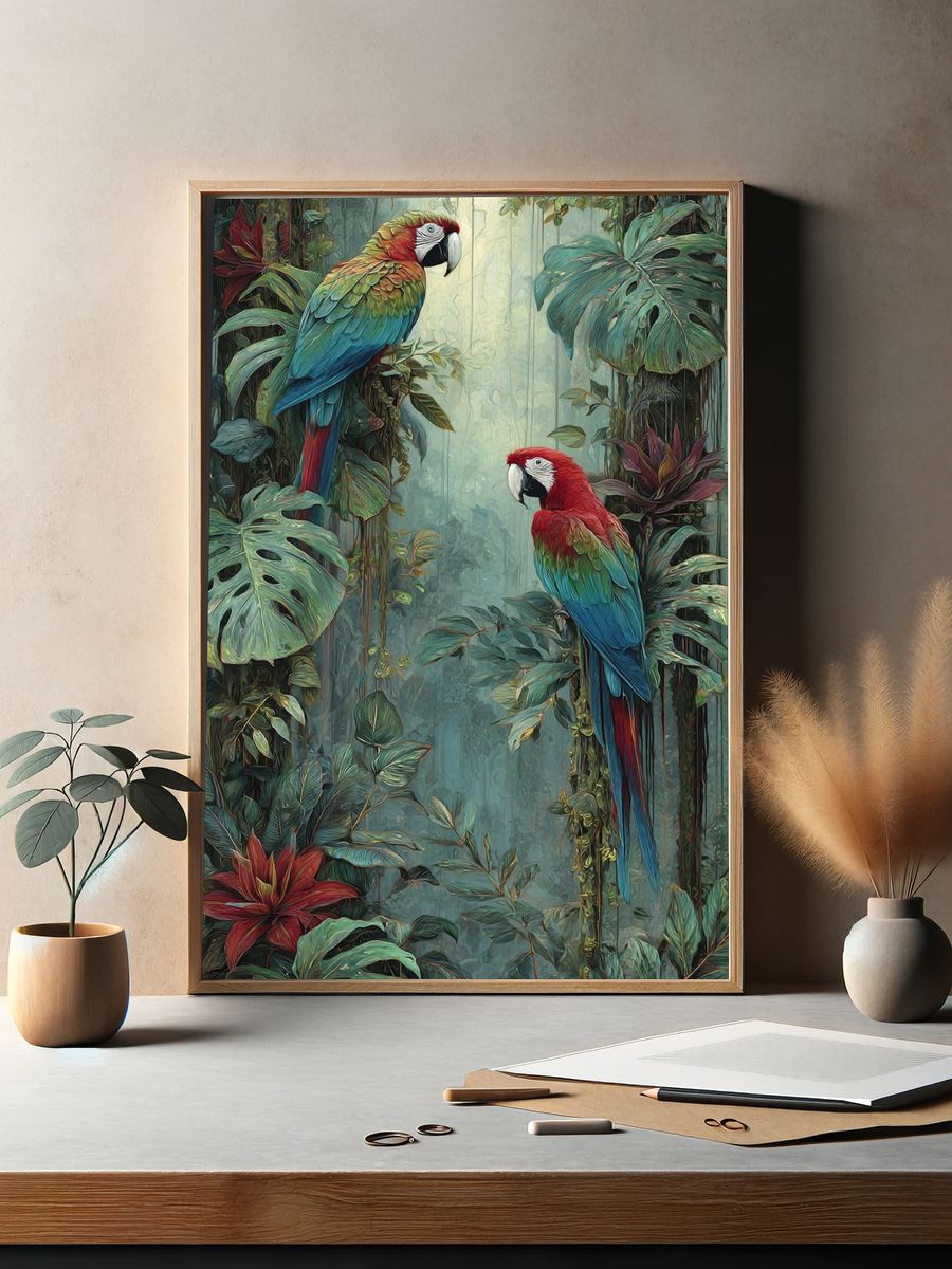 Tropical Macaws Botanical Print. — room view 2