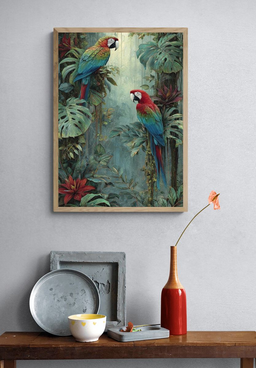 Tropical Macaws Botanical Print. — room view 3
