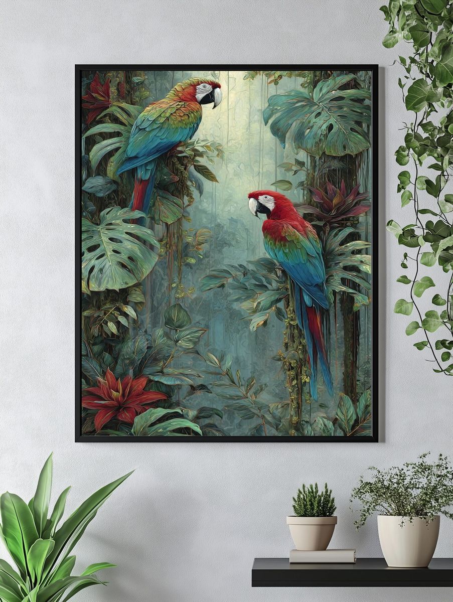 Tropical Macaws Botanical Print. — room view 4
