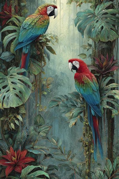 Tropical Macaws Botanical Print. poster