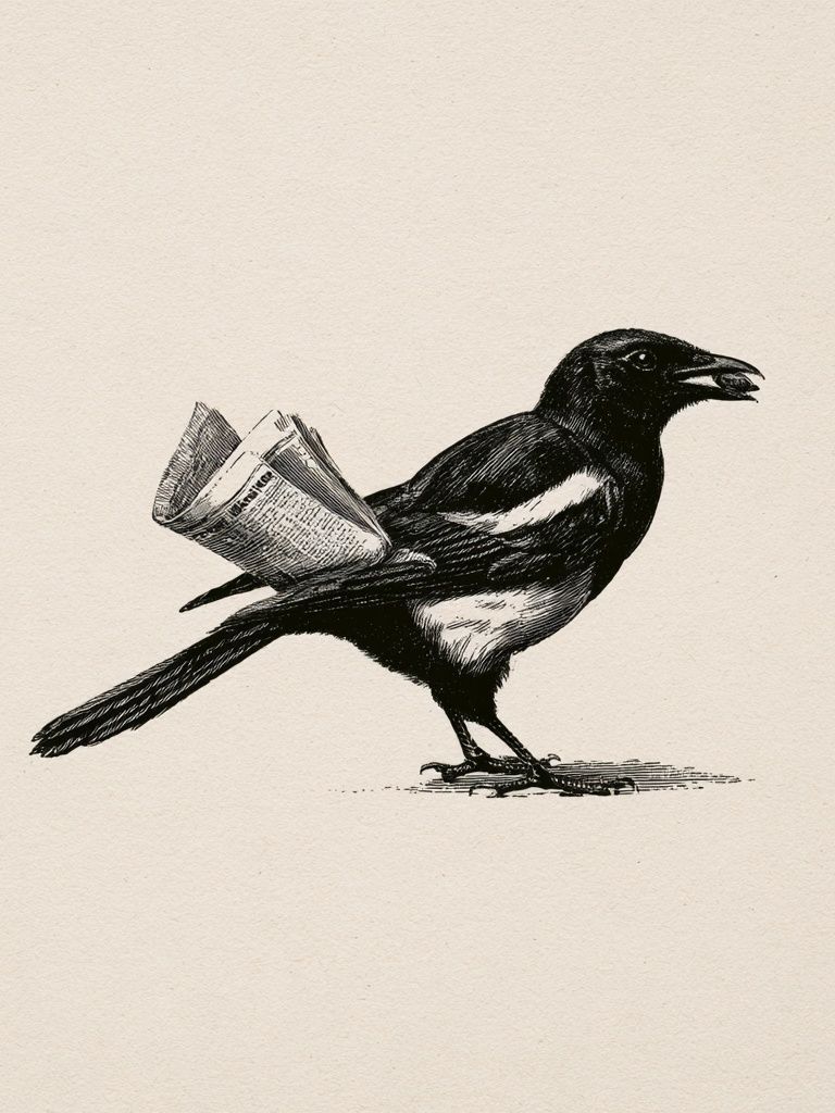 Magpie with Newspaper Illustration Poster. poster — illustration art