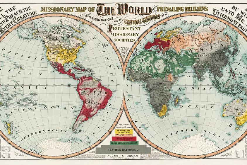 Missionary map world showing prevailing. poster — maps-travel art