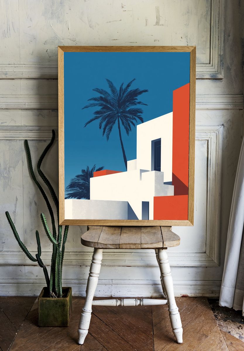 Modern Architecture with Palm Tree — Illustration Print. — room view 1