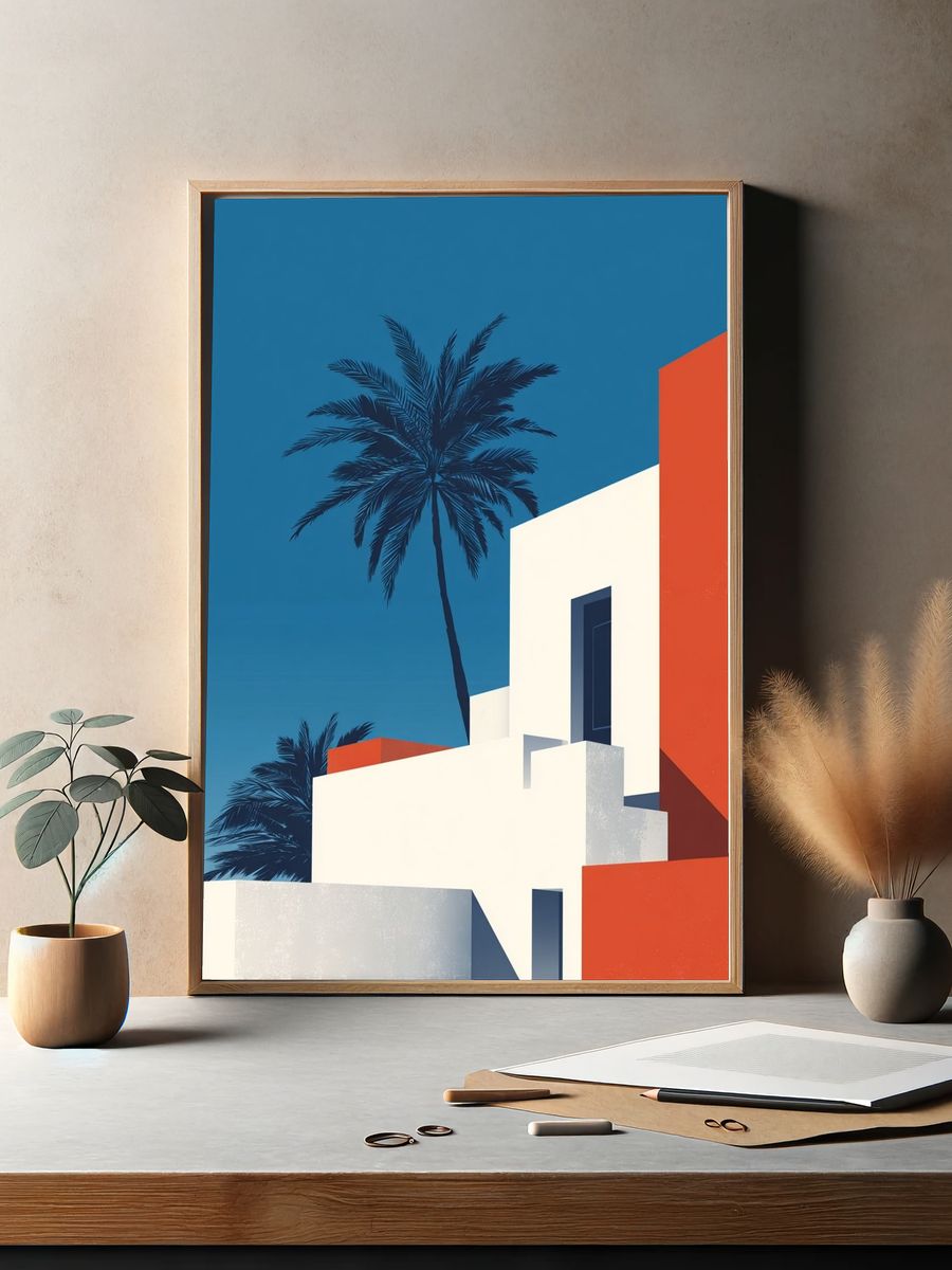 Modern Architecture with Palm Tree — Illustration Print. — room view 2