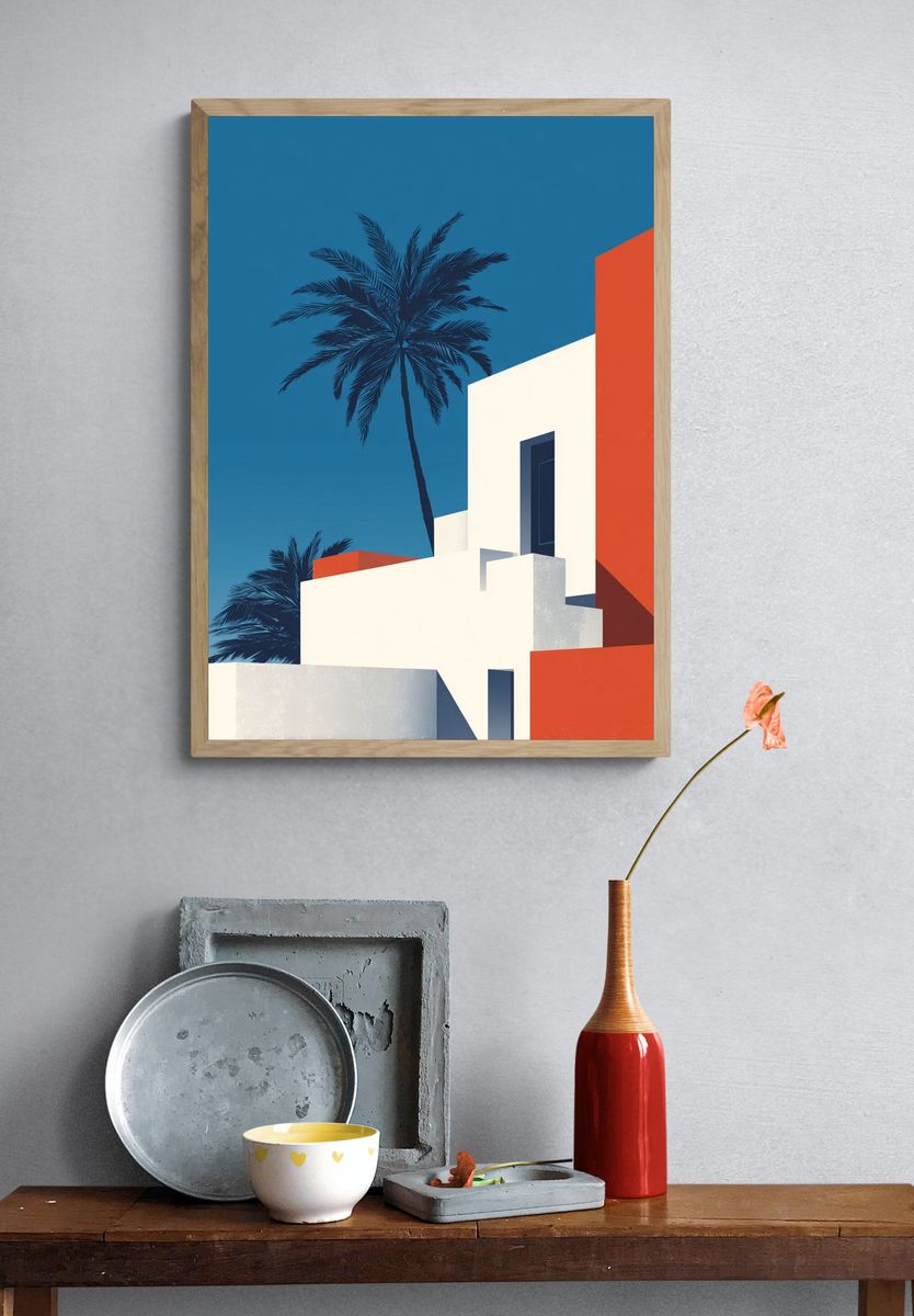 Modern Architecture with Palm Tree — Illustration Print. — room view 3