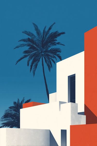 Modern Architecture with Palm Tree — Illustration Print. poster print