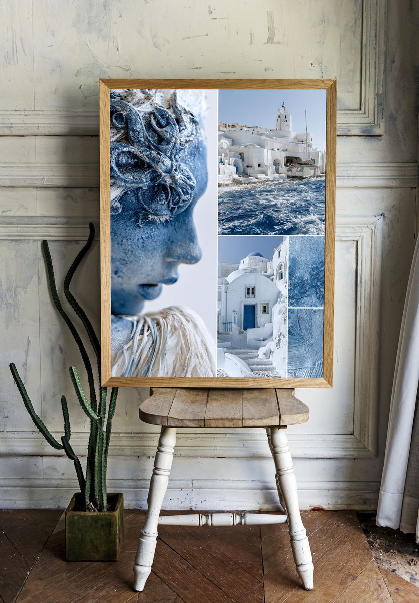 Santorini Blue Collage Poster. — room view 1
